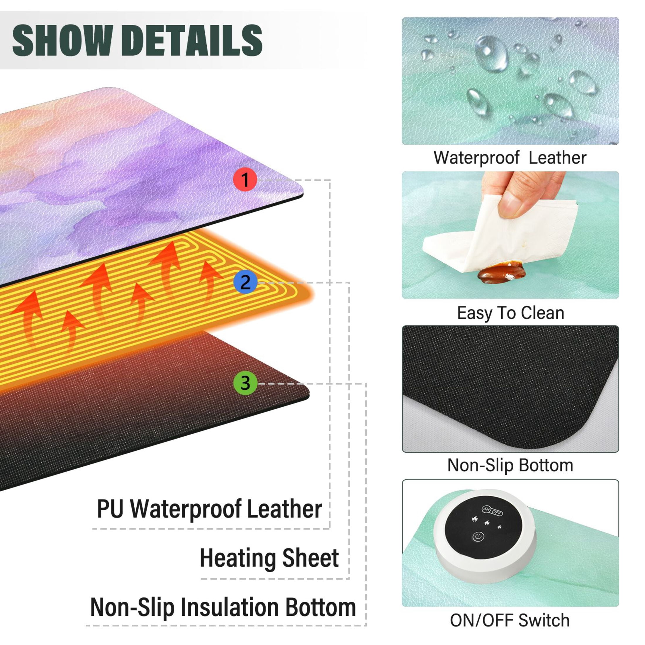 Large Heated Desk Mat Mouse Pad 31.5"x13"PU Leather Graphene Heating Desk Warmer with 3 Temperature Settings 110V US Plug Non-Slip Warm Pad for Home, Office, and Gaming Mint Peach Lavender Wash