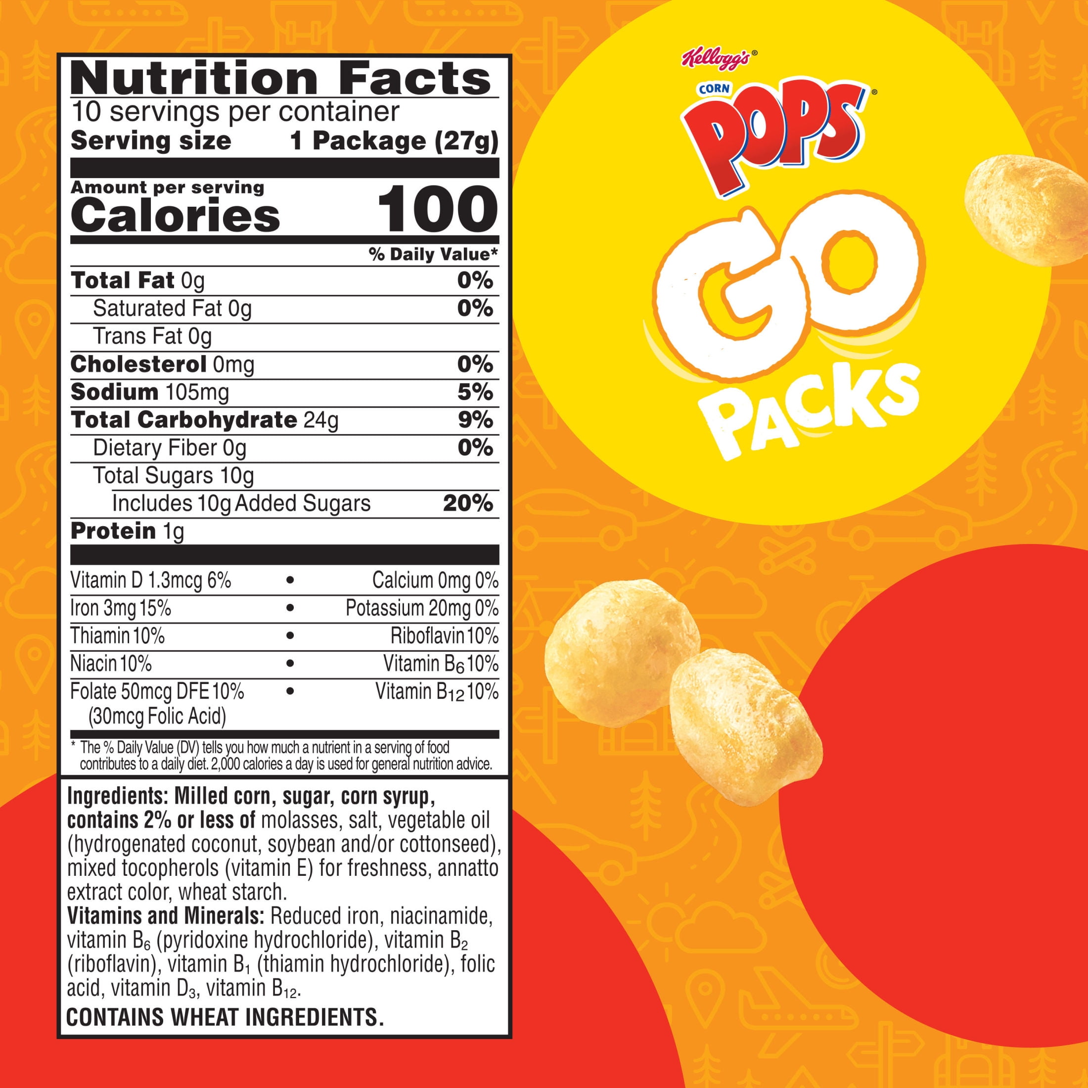 (4 pack) Kellogg's Corn Pops Go Packs Original Cereal, Kids Snacks, 9.5 oz, 10 Count