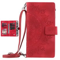 Crossbody Wallet Phone Case for Samsung Galaxy S21 FE, ELEHOLD Embossed PU Leather Zipper Pocket Folio Flip Case with Wrist / Shoulder Strap for Samsung S21 FE,Red