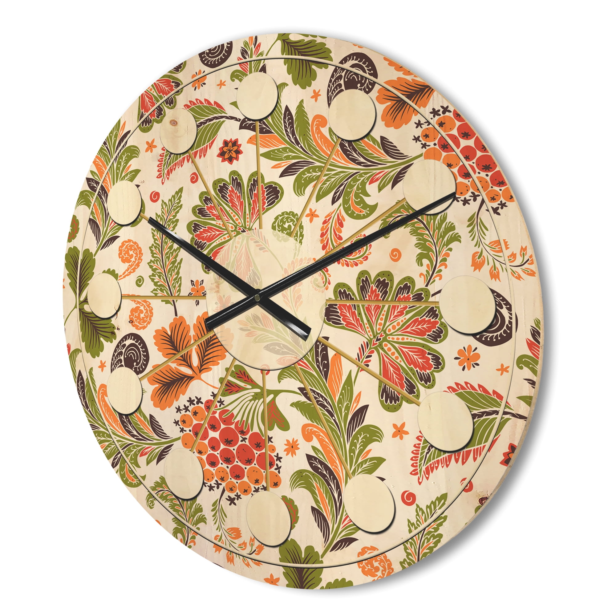 Designart 'Retro Fantasy Flowers On White I' Mid-Century Modern Wood Wall Clock