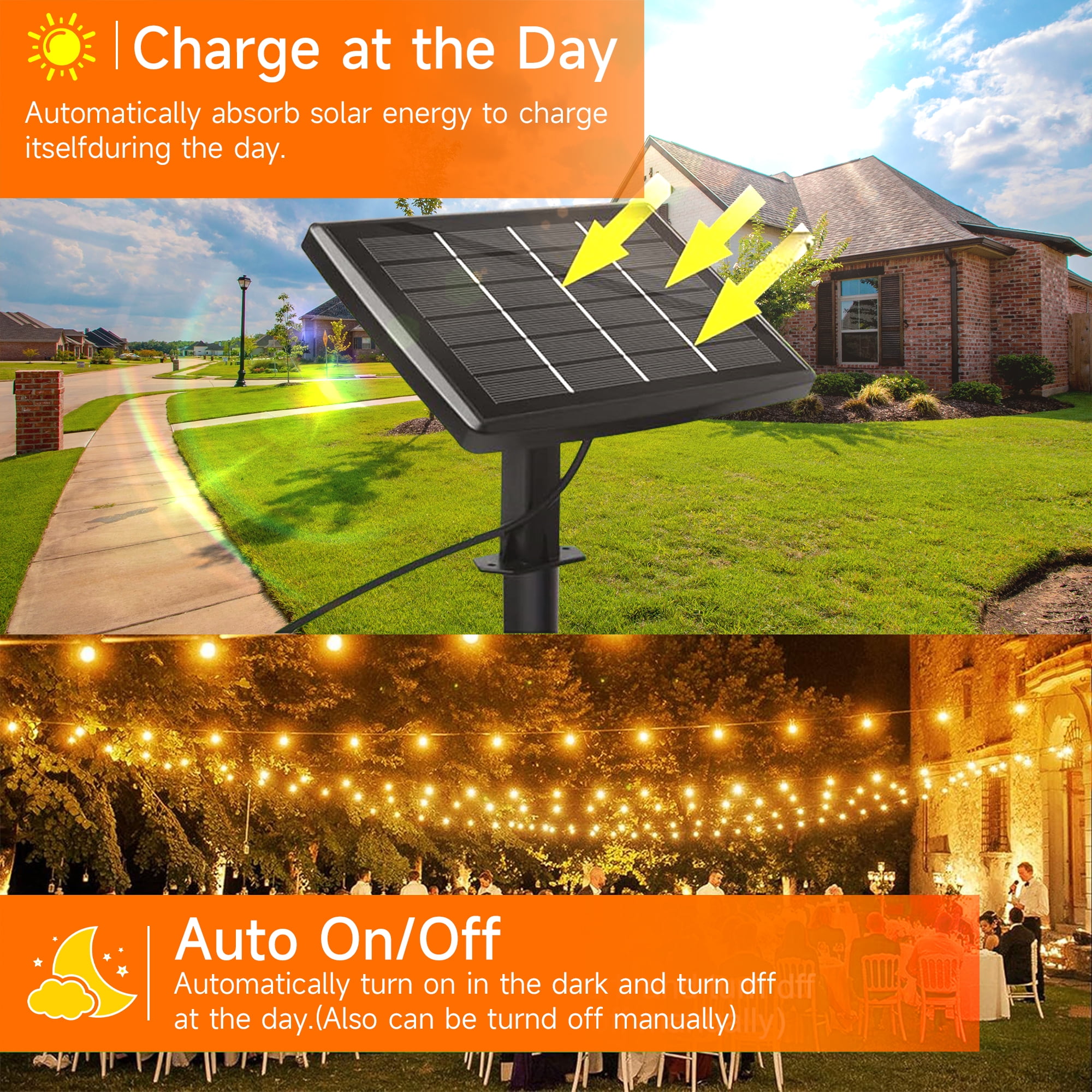 DAYBETTER Solar Outdoor String Lights，100FT Waterproof ST38 Hanging Patio Lights for Yard 25 Bulbs