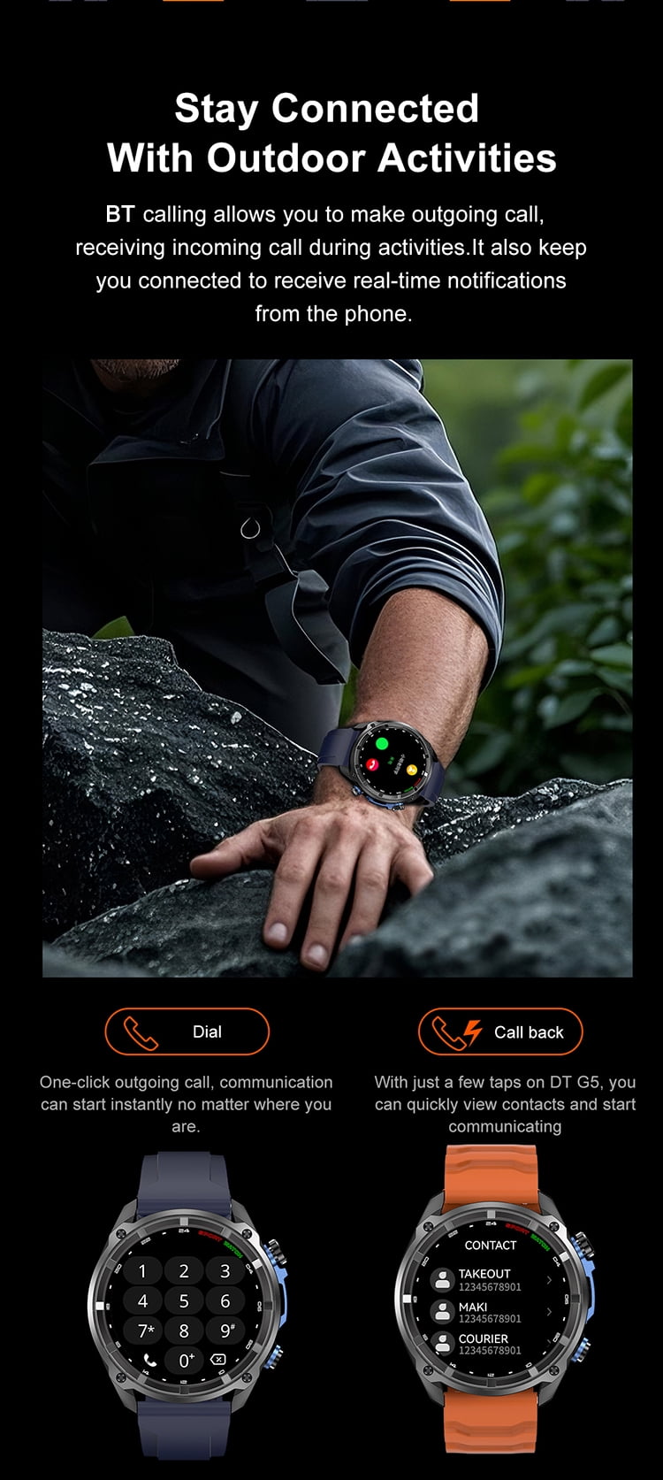 Laatikui DTG1 Smart Watch GPS Compass Fitness Tracker 3ATM Waterproof Mobile Smart Watch