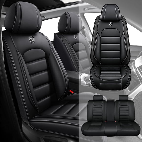 Car Seat Covers Full Set, Black Front and Back Automotive Seat Protectors, Universal Leather Auto Cushions Fit for Most Cars, SUVs and Trucks