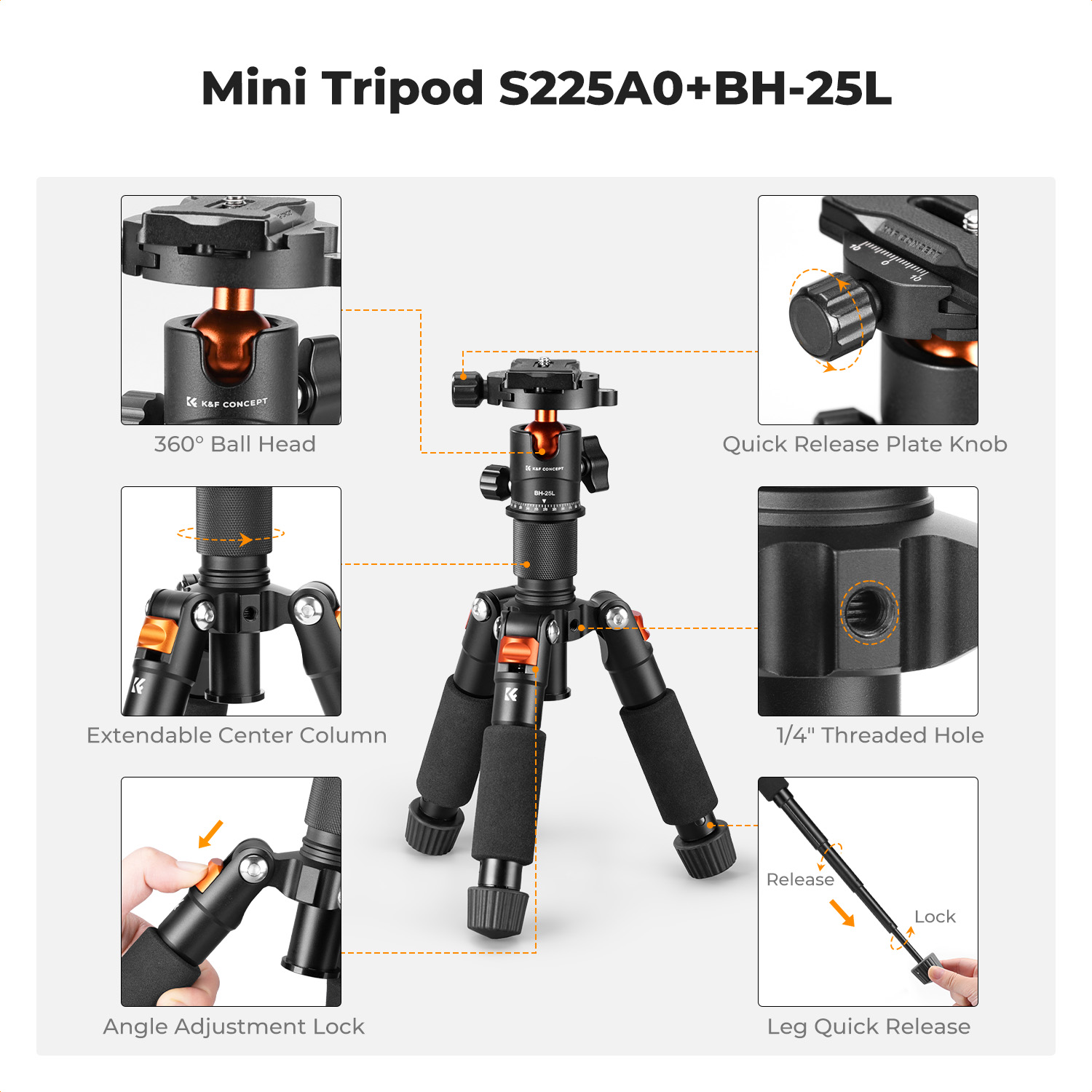 K&F CONCEPT 20.5"/ 52cm Desktop Mini Tripod for Camera, with 360° Low Profile Ball Head, 1/4'' Screw Quick Release Plate, Load Capacity 6KG