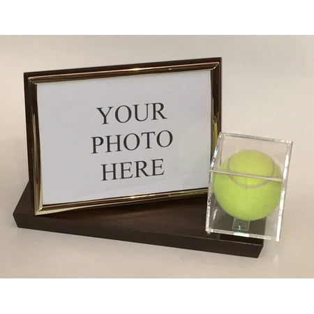Tennis Ball and 4X6 Photo Personalized Horizontal Desktop Display Case - Cherry Finish Wood Base and Gold Frame