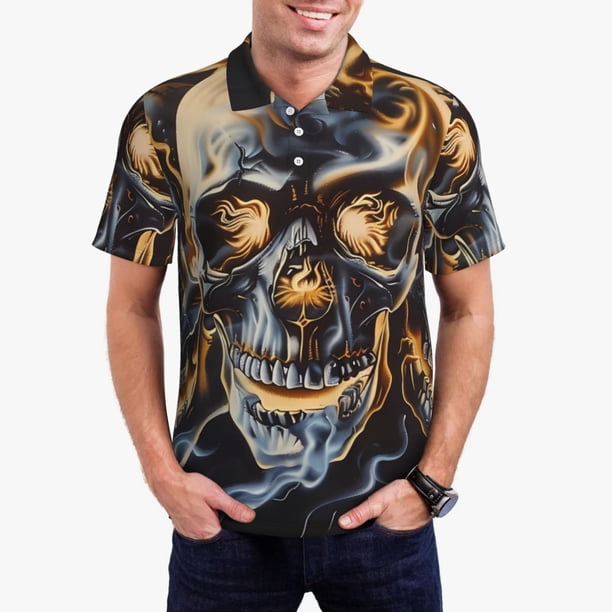 Fotbe Fiery Skull Trio Camiseta Polo de Golf para Hombre con Estampado – Camisa Deportiva Transpirable con Cuello Abotonado-Small