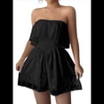 thumbnail image 3 of Mono Corto de Playa con Hombros Descubiertos, Estampado Floral, Informal, de Verano, Sin Tirantes, Plisado, con Cintura Elástica para Mujer. Negro XL, 3 of 8