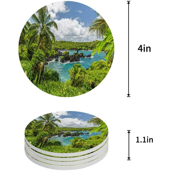 FMSHPON Hawaiian Nature Forest Print Set of 4 Round Coaster for Drinks, Absorbent Ceramic Stone Coasters Cup Mat with Cork Base for Home Kitchen Room Coffee Table Bar Decor