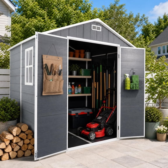 Coumy 8x6 FT Outdoor Resin Storage Shed with Interior Shelf & Floor, All-Weather Waterproof Plastic Tool Shed with Window & Vent and Lockable Door, Easy Assembly Garden Storage for Backyard, Patio