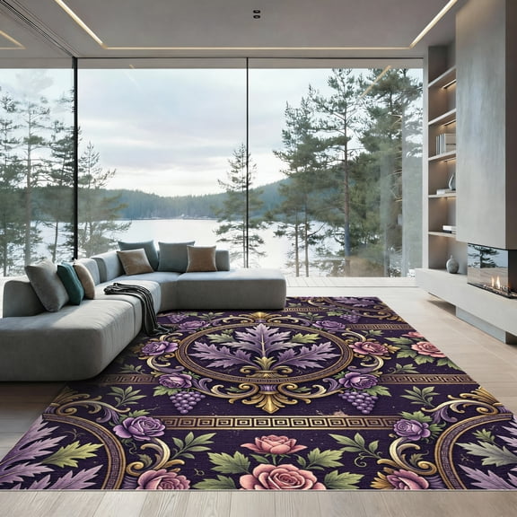 ODIKA 4' x 6' Machine Washable Non-Slip Area Rug, antique floral High Traffic Rug, Purple, 1133603