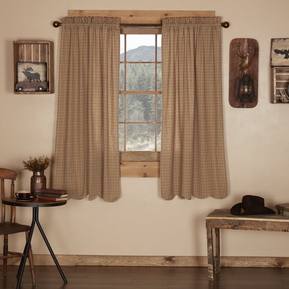 Rustic Panel Pair Millsboro Khaki Burgundy Navy Scalloped Window Curtains TCC Brands