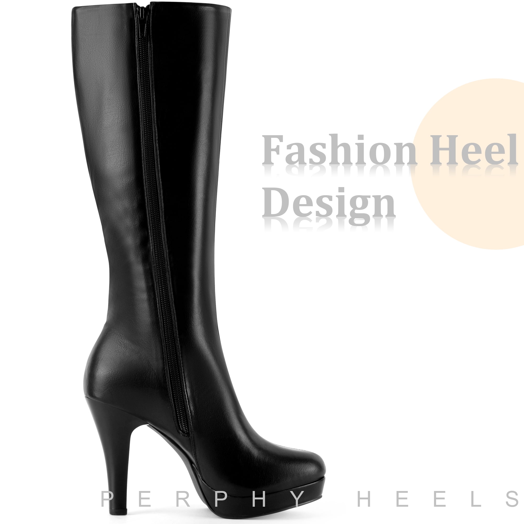 DARING DIVA Women's Stylish Round Toe Platform Chunky Heel Knee High Boots Black 8