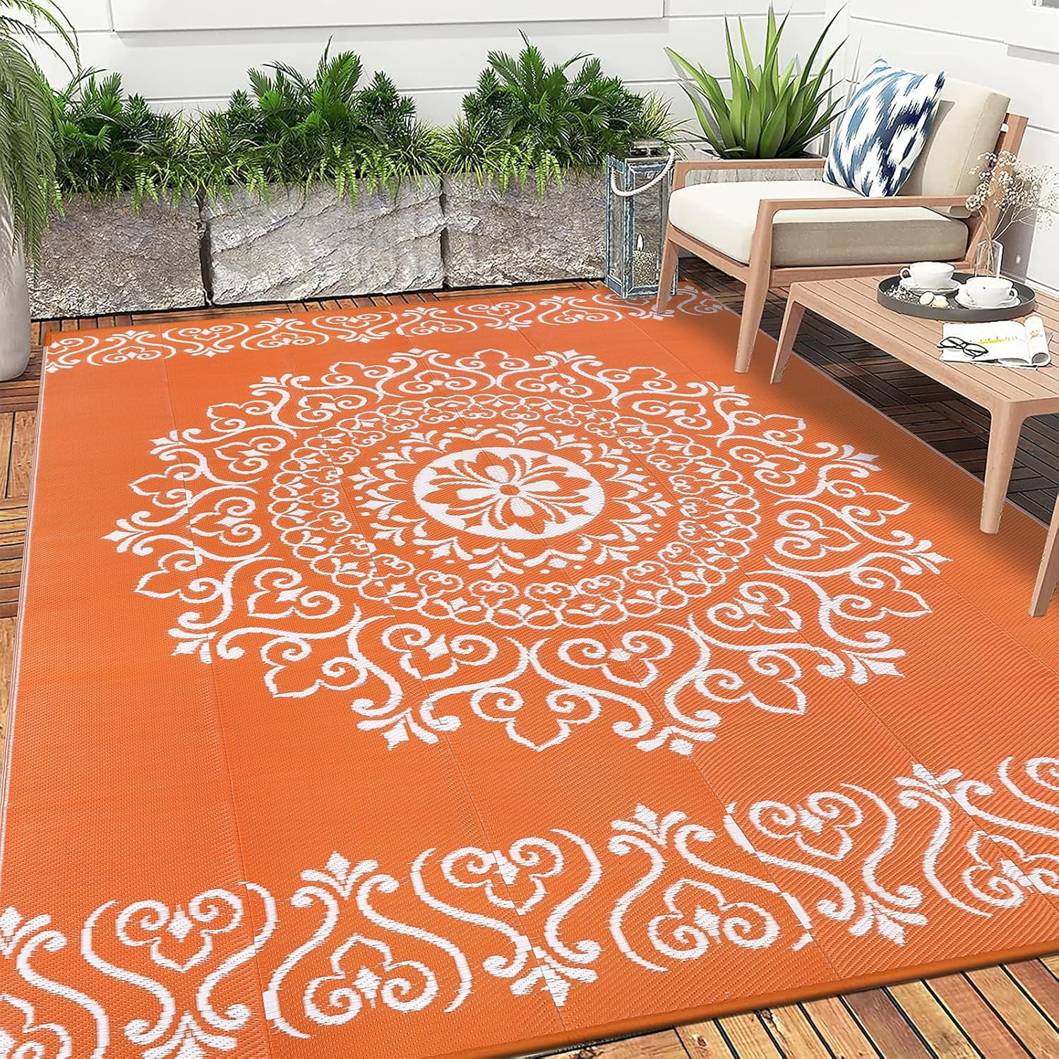 MJIAexp 6'x9' Orange Outdoor Rug Patio Rug Waterproof RV Outdoor Rug Camping Rugs Reversible Plastic Straw Rug Large Outdoor Mat for Camping, Balcony Apartment, Patio, Porch, Picnic, Beach
