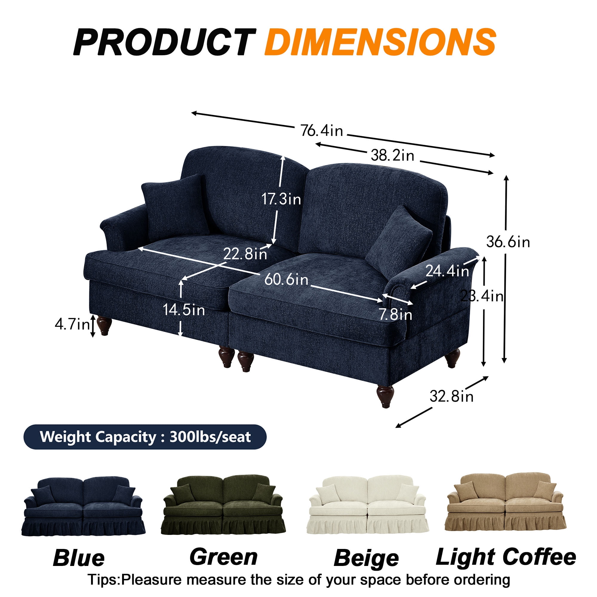Firscook 76” Chenille Loveseat Sofa, Oversized Couch for Living Room, Blue