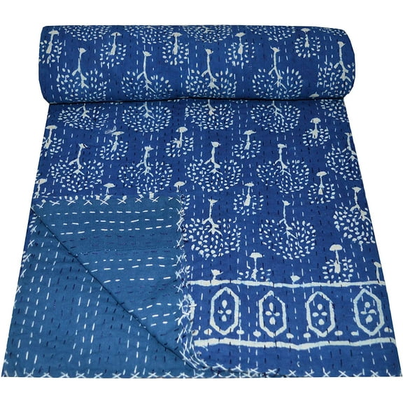 Yuvancrafts Indian Blue Floral Cotton Quilt, Twin - Reversible