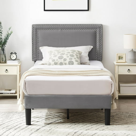 VECELO Twin Upholstered Platform Bed Frame with Adjustable Height Headboard, Strong Wood Slat Support, No Box Spring Needed, Dark Gray
