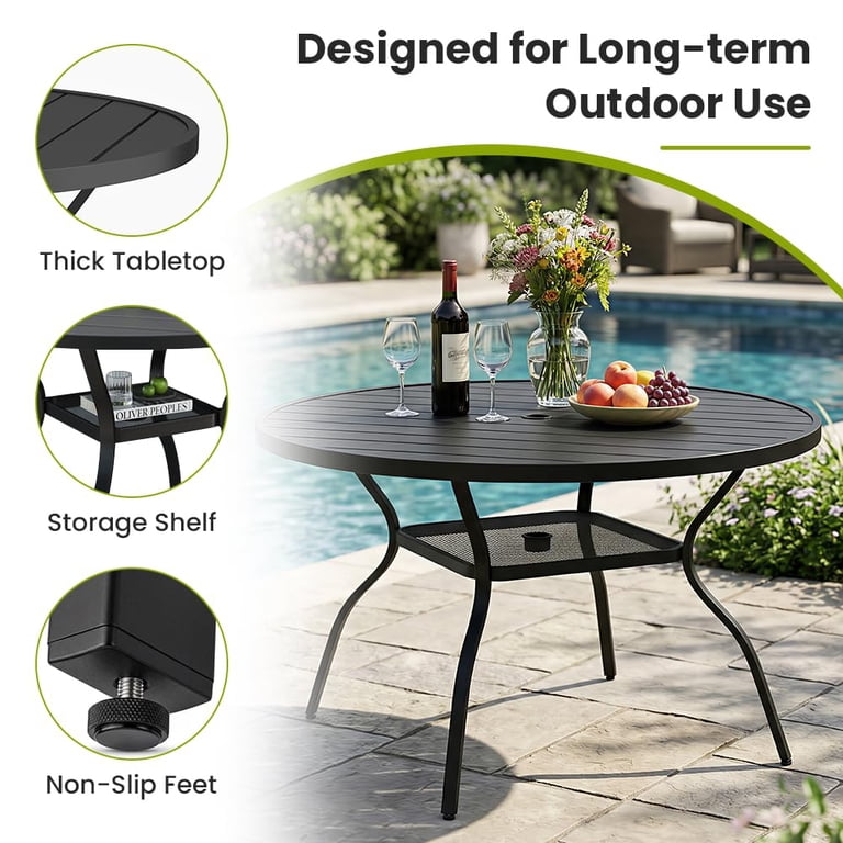 black patio umbrella with black pole Sudzendf 15 ft. Patio Umbrella in Black with Solar Lights and Base, Steel Pole, UV and Water Resistant, Large Shade Area