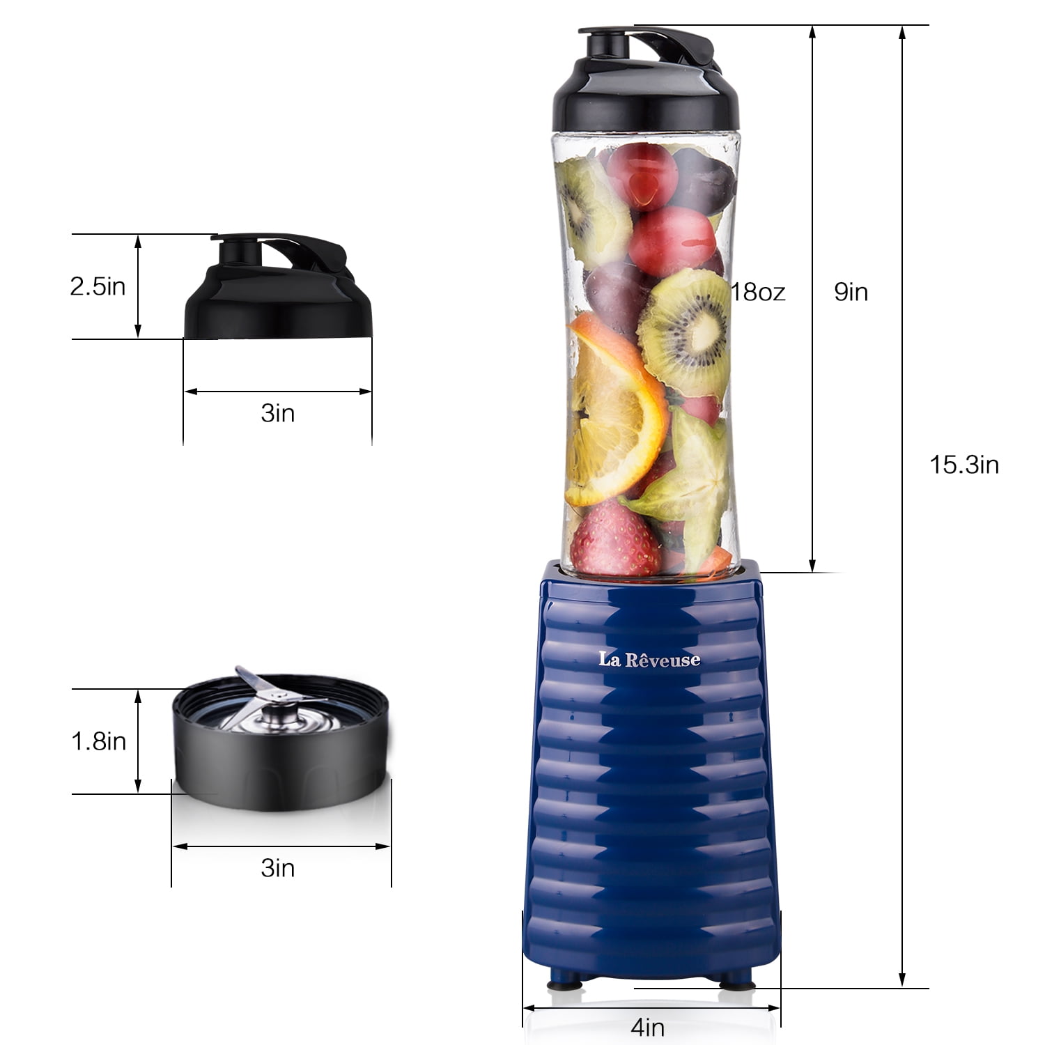 La Reveuse Smoothies Blender 300 Watt with 18 oz BPA Free Portable Travel Sports Bottle (Navy)