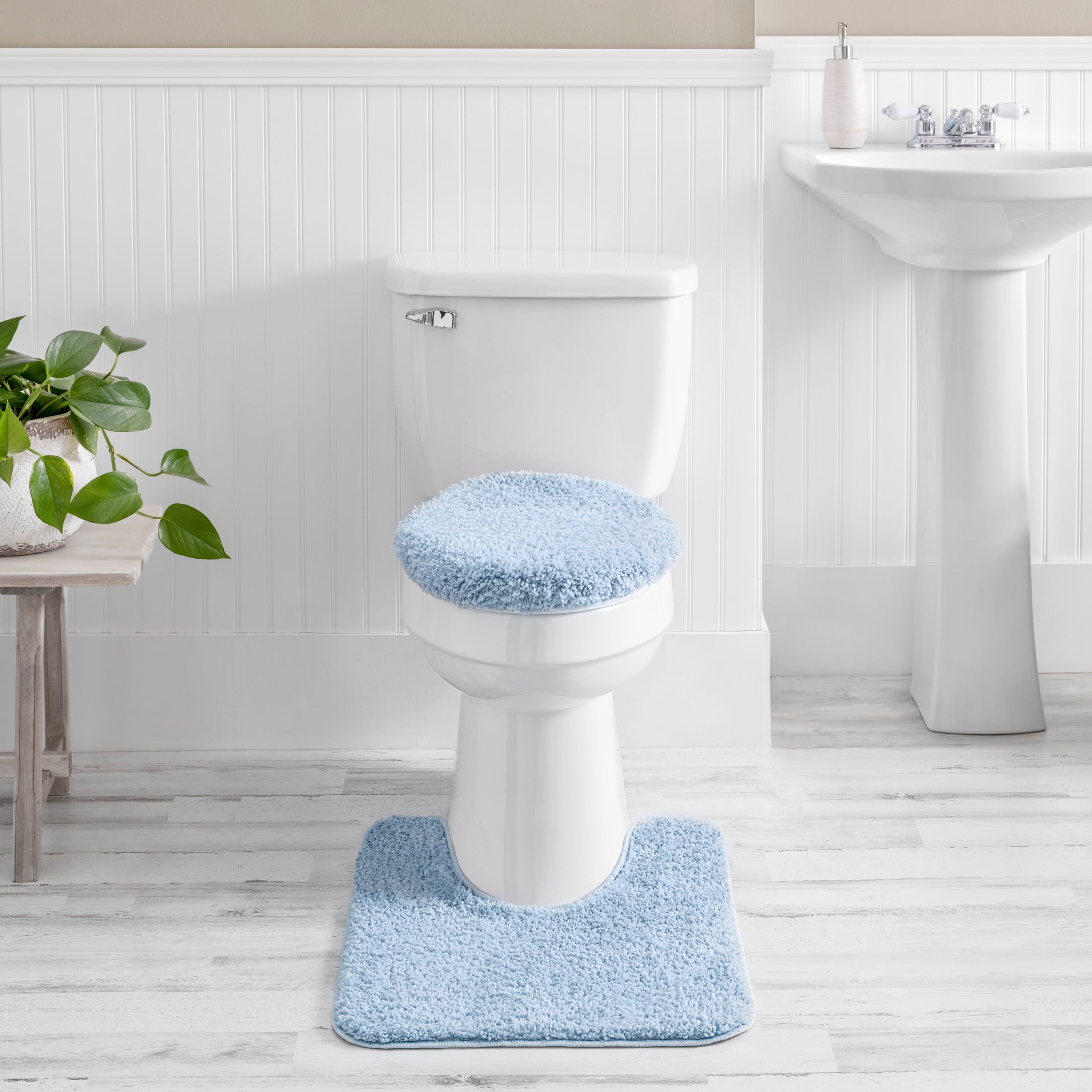 Mainstays Basic 3-Piece Polyester Bath Rug Set: Blue Shell, Contour, Lid Cover and 20" x 32"