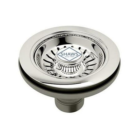 - 734PN Shaws Manual Basket Strainer without Remote Pop-Up with Shaws Logo Branded White Porcelain Pull Knob in Polished Nickel