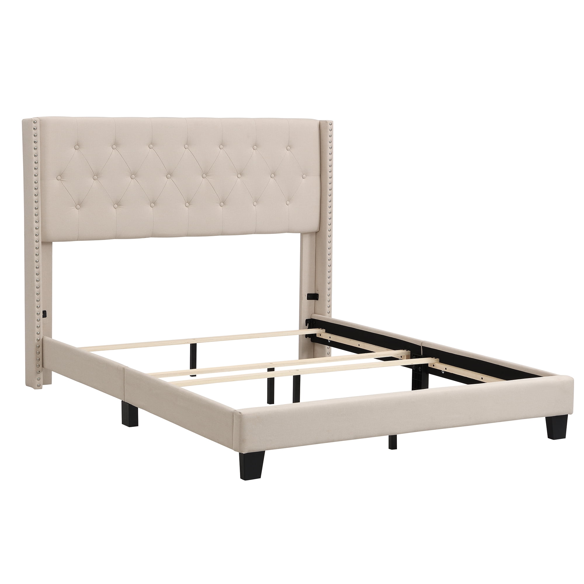 Hommoo Queen Size Platform Bed,Linen Fabric Button Tufted Wingback Upholstered Bed,High Backboard Flat Bed,Box Spring Needed,Beige