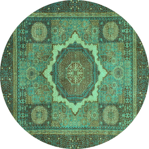Ahgly Company Machine Washable Indoor Round Abstract Turquoise Blue Modern Area Rugs, 6' Round