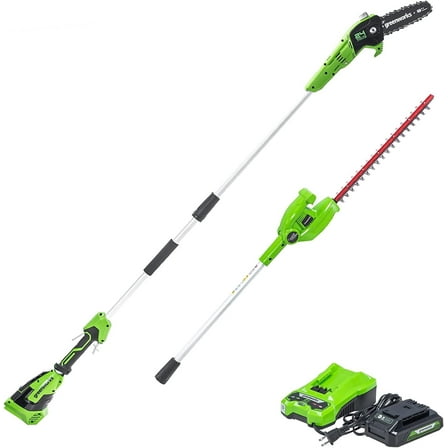 Greenworks 24V 8” Polesaw / Pole Hedge Trimmer Combo, 2.0Ah Battery and Charger