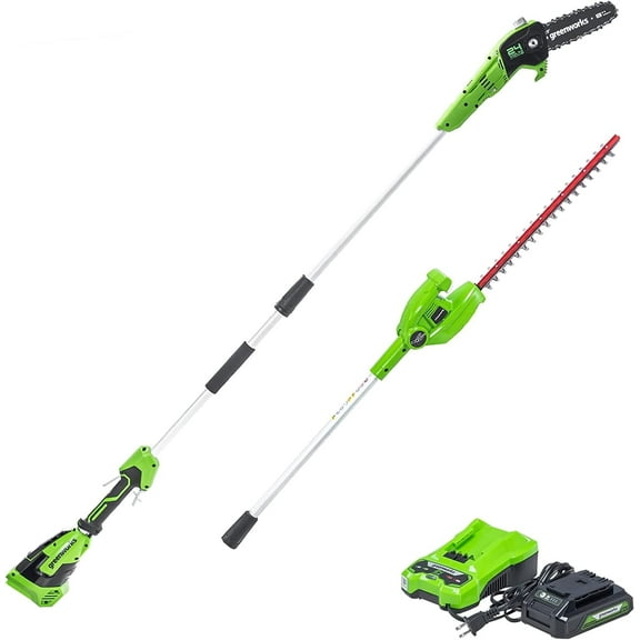 Greenworks 24V 8” Polesaw / Pole Hedge Trimmer Combo, 2.0Ah Battery and Charger