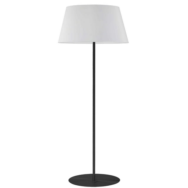 Gretchen 1 Light Round Base Floor Lamp with matte black metal round base and stand, topped with a white fabric drum shade, featuring an 8-foot cord and on/off foot switch, suitable for office or bedroom ambient lighting and transitional décor.