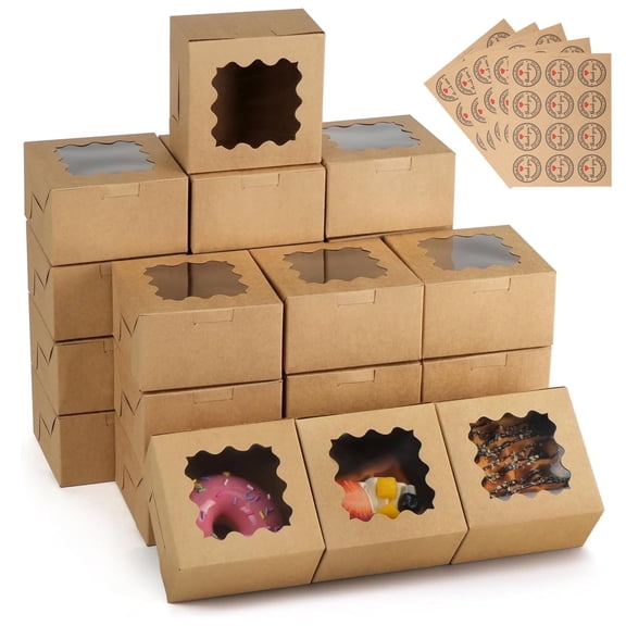 YUSS 50pcs Cookie Boxes, 4x4x2.5 Inches Bakery Boxes with Window, for Mini Cake Treat Dessert Pastry Donuts Macaroon Strawberries Chocolate Candy (Kraft Paper Material,with Stickers)