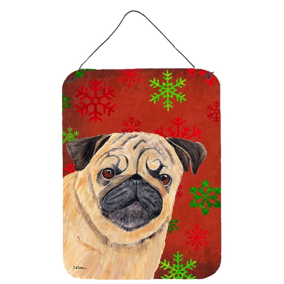 Pug Red and Green Snowflakes Holiday Christmas Metal Wall Door Hanging Prints