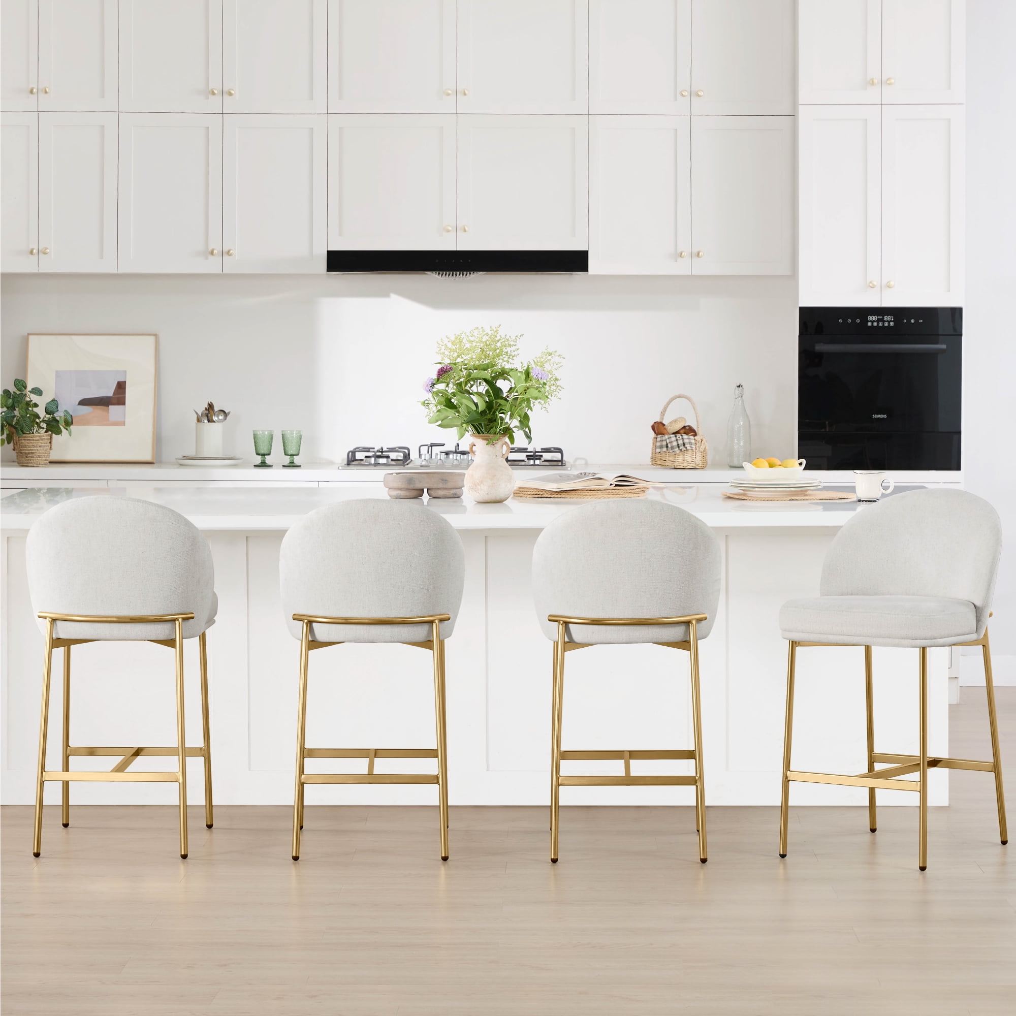 Spruce & Spring Modern Counter Bar Stool with Metal Arc Backrest and Upholstered Seat Set of 2, Cream with Bronze Legs