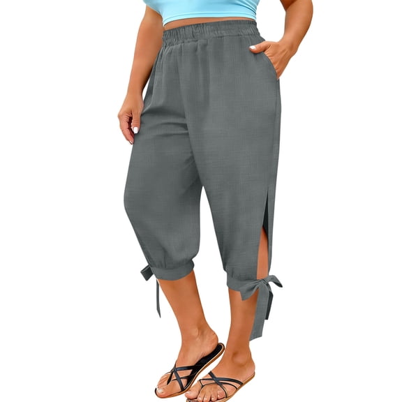 Wide Leg Capris Yoga for Women’s Loose Capris Plus Size Side Split Joggers Workout Pants with Drawstring Outdoor Hiking Athletic Cropped Trousers,Gray,L