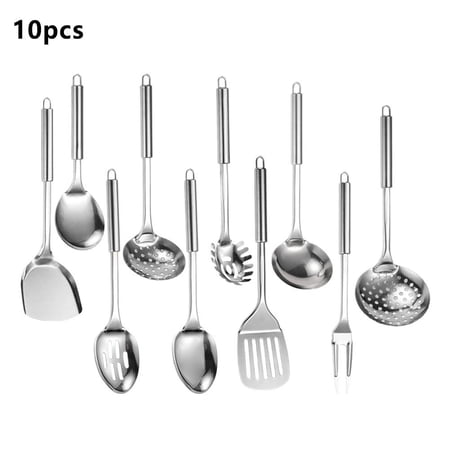 10-Piece Stainless Steel Kitchen Utensils Set Mirror Polished Cooking Tools with Ergonomic Tubular Handles Heat-Resistant Non-Scratch Cookware Essentials for Home Kitchen