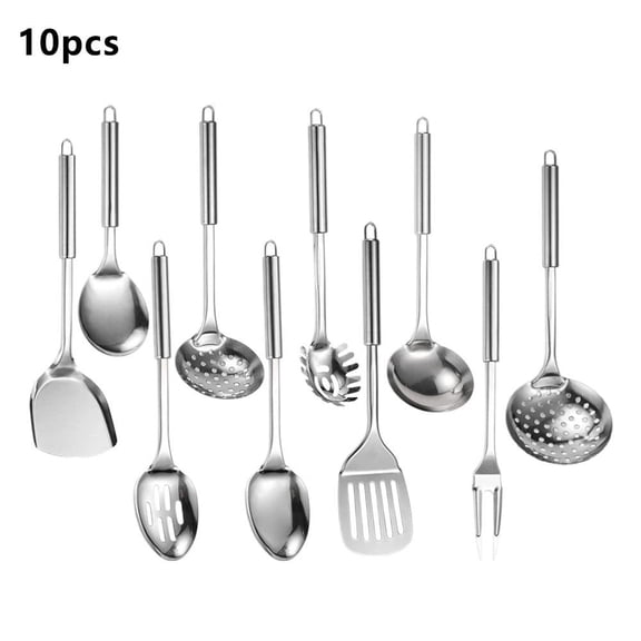 10-Piece Stainless Steel Kitchen Utensil Set with Spatula, Ladle, Strainer, Rice Scoop and Meat Fork for Cooking