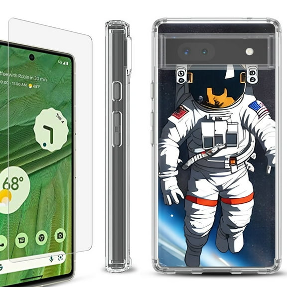 Shockproof Bumper Phone Case for Google Pixel 6a, with Tempered Glass Screen Protector, by OneToughShield ® - Astronaut