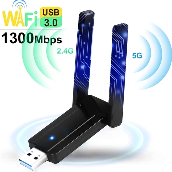 USB WiFi Adapter for Desktop, 1300Mbps USB 3.0 Wireless Network Dongle for PC, 802.11AC Dual Band 2.4/5GHz, 2 x 5dBi High Gain WiFi Antennas Fit for Linux Mac OS 10.4-10.15 Windows XP/Vista/7/8/10