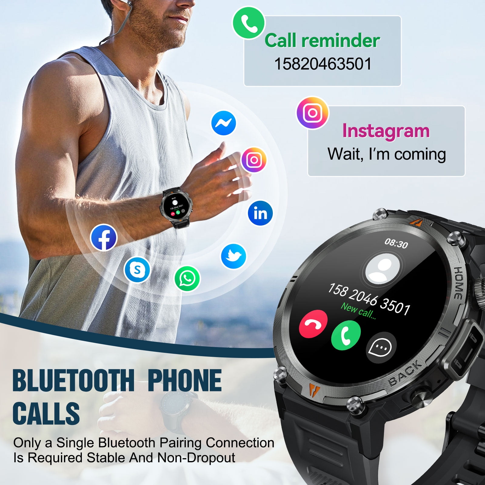 XAXRE 3ATM Waterproof Smart Watches for Men KE3 with LED Flashlight Android Smart Watch Compatible with iPhone(Call Received/ Dial) 1.45" HD 110+ Sports Modes