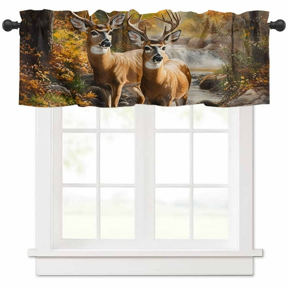 Orange Autumn Deer Valances for Windows Farmhouse Kitchen Curtains Valances Rod Pocket Valance Curtains for Kitchen Windows Vintage Forest River Window Valances for Bathroom Bedroom 60"x18"
