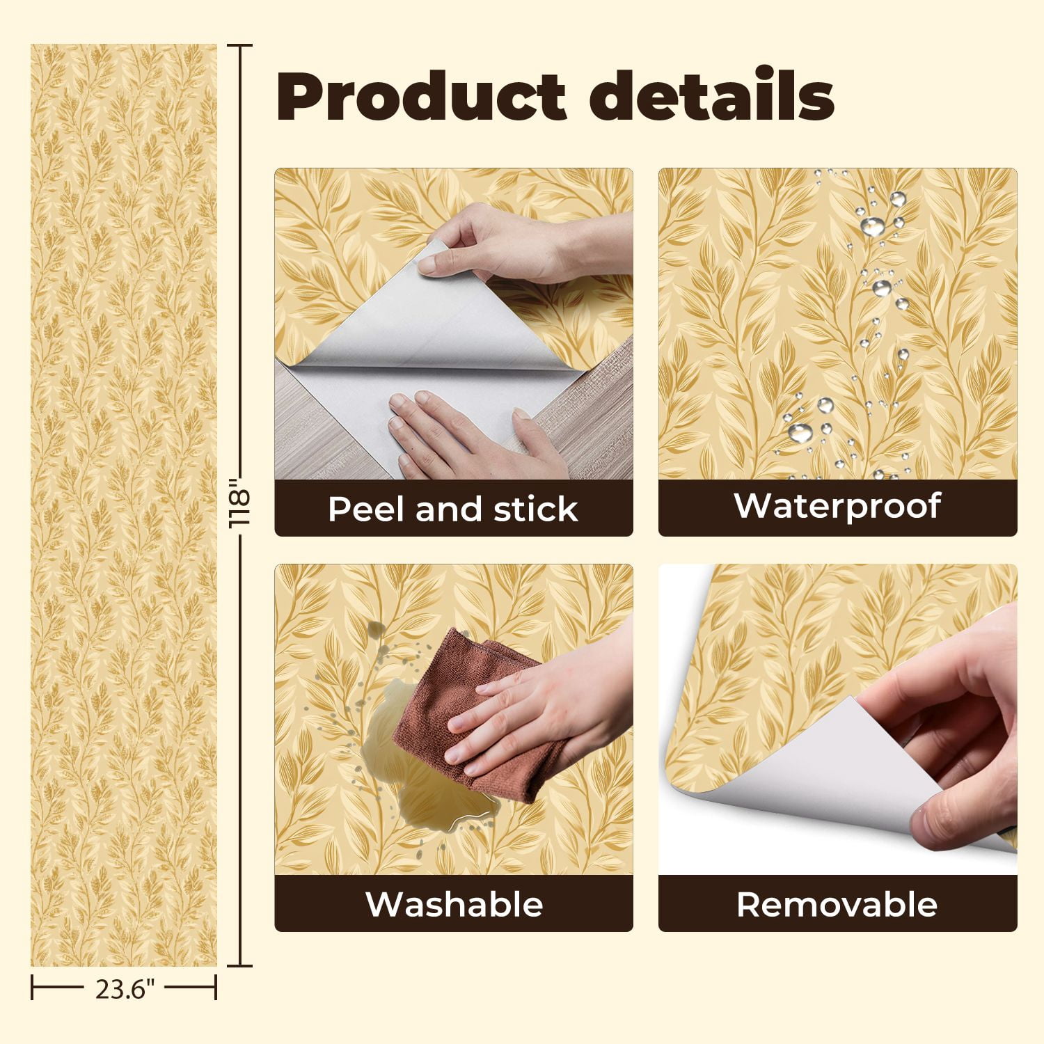Peel and Stick Wallpaper Vintage Golden Leaf Cream Wall Mural 23.6in x 9.8ft Self Adhesive Removable Wall Paper Renter Friendly Wallpaper for Bedroom Studio Lake House