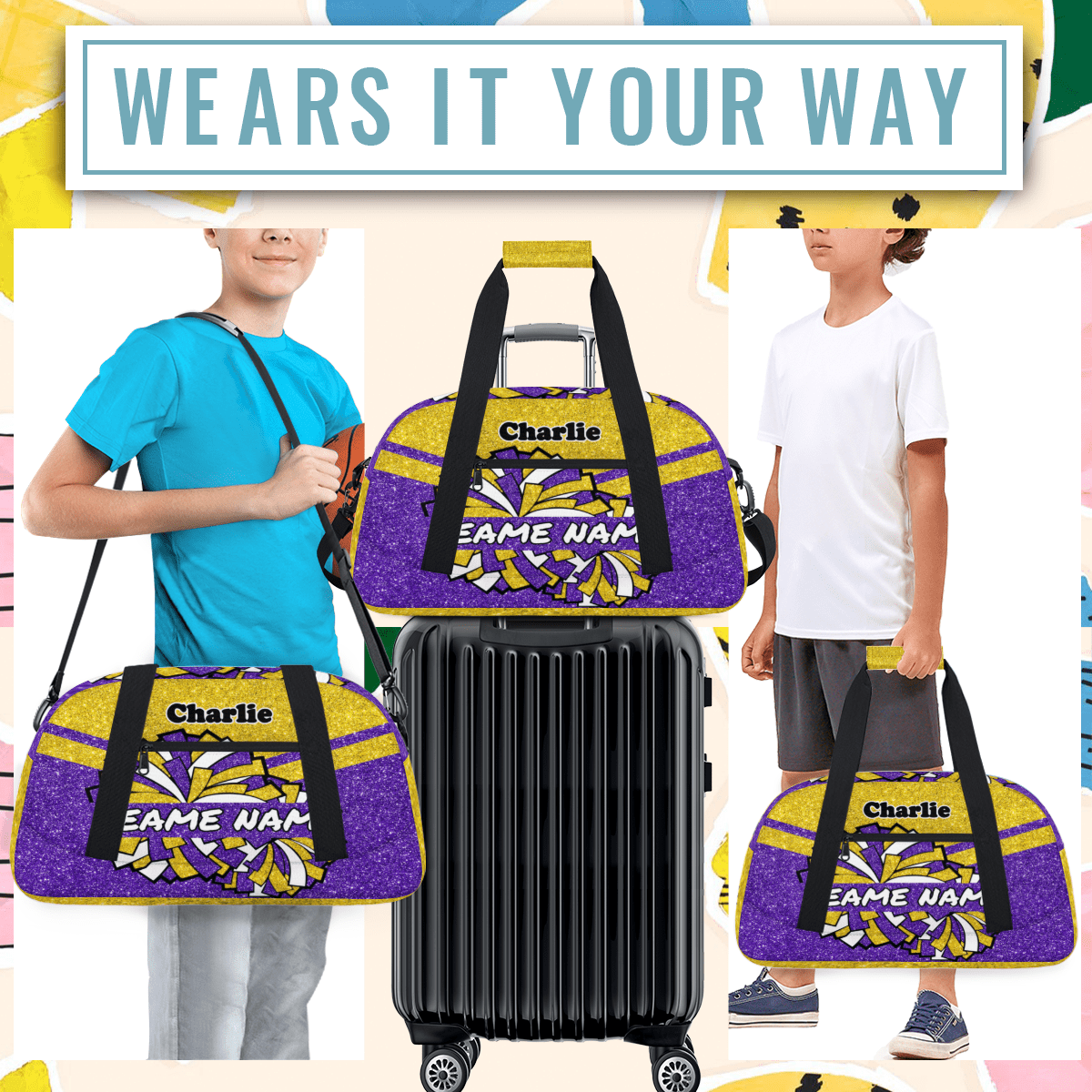 Personalized Cheerleader Bag Dance Bag for Girls, Custom Team Bag Gym Bag Sport Duffel Bag, Weekender Bags Travel Bag for Cheer Team Glitter Gold Purple