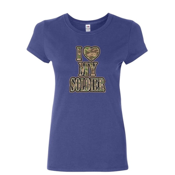 Tee Hunt I Heart My Soldier Women's T-Shirt Cute Camo Army Wife Army Mom Military Shirt, Blue, Medium