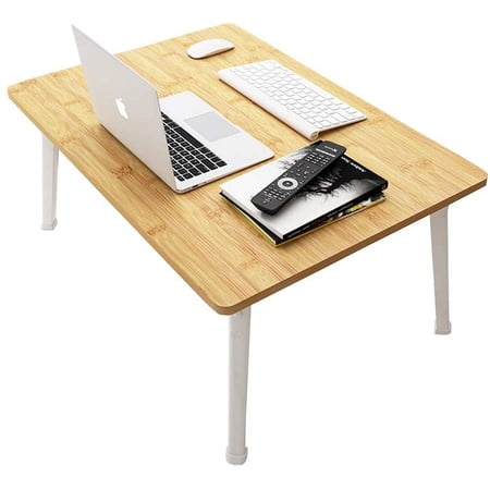 Foldable Portable Laptop Desk for Bed & Floor, 23.6 Inch, Bamboo Color, Height-Adjustable Legs