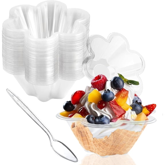 50ct 8oz Plastic Dessert Cups with Spoons, Clear Flower shaped Ice Cream Bowls, Party Sundae Serving Bowls, Parfait Appetizer Cups for Ice Cream, Nuts, and Salad