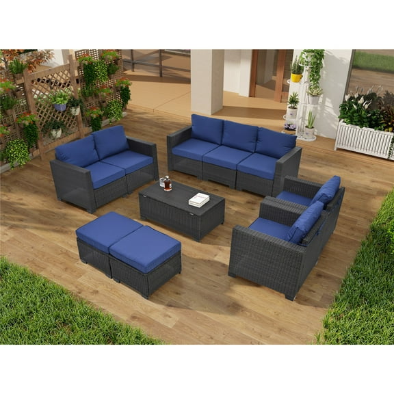 10 Piece PE Rattan Patio Furniture Set, Sectional Sofa Set, Outdoor Patio Furniture Set With Cushions & Tempered Glass Coffee Table,Dark blue