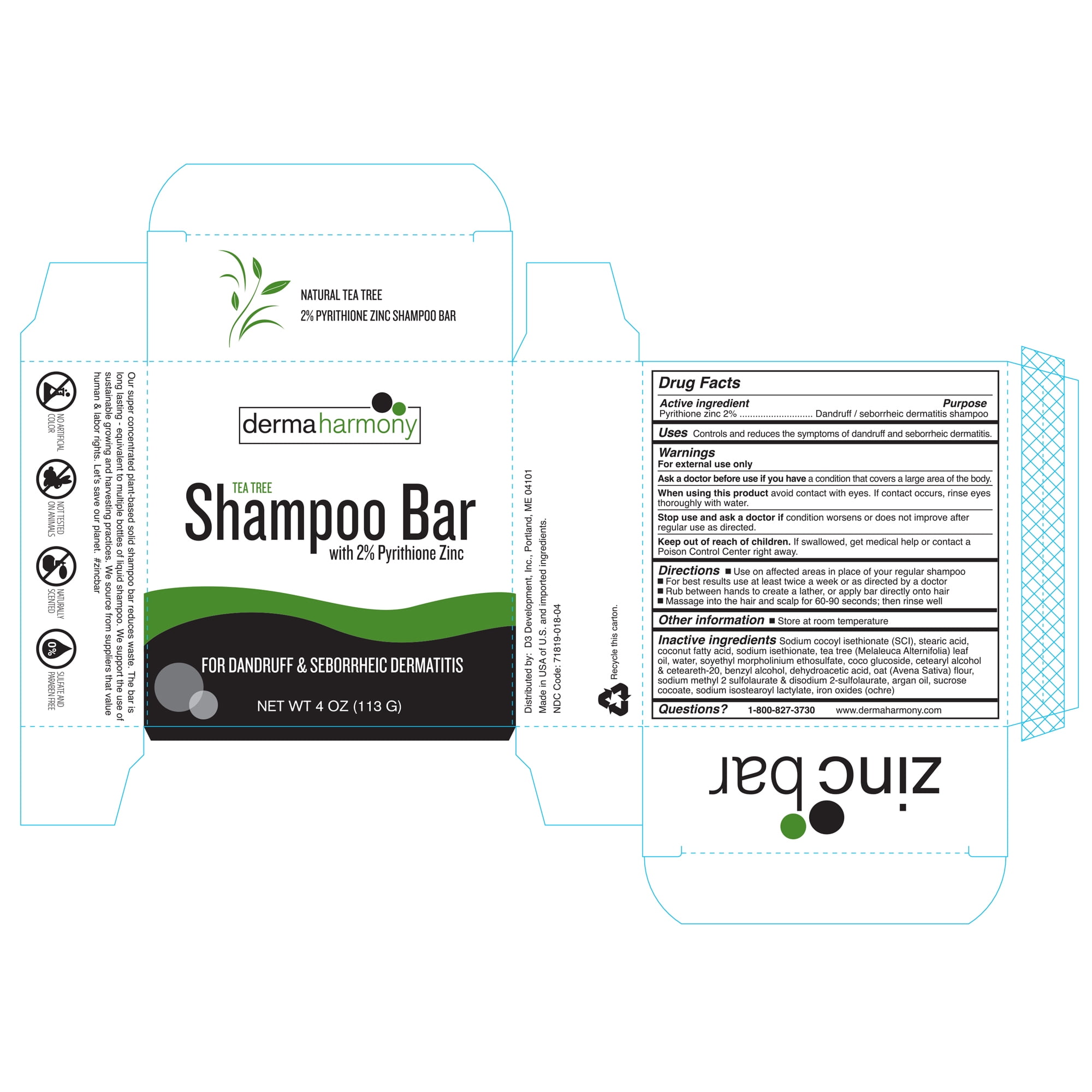 DermaHarmony  2% Pyrithione Zinc Dandruff & Seborrheic Dermatitis Shampoo Bar - Tea Tree (10 Bars)