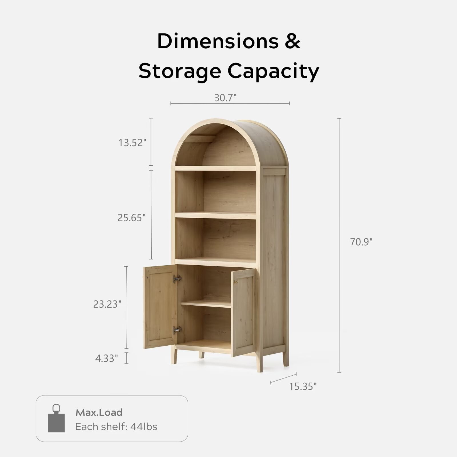 EYYTHUNG 71" Tall Arched Cabinet, 5-Tier Storage Cabinet with Shelves & Doors, Modern Farmhouse Bookshelf Pantry Organizer, Light Oak