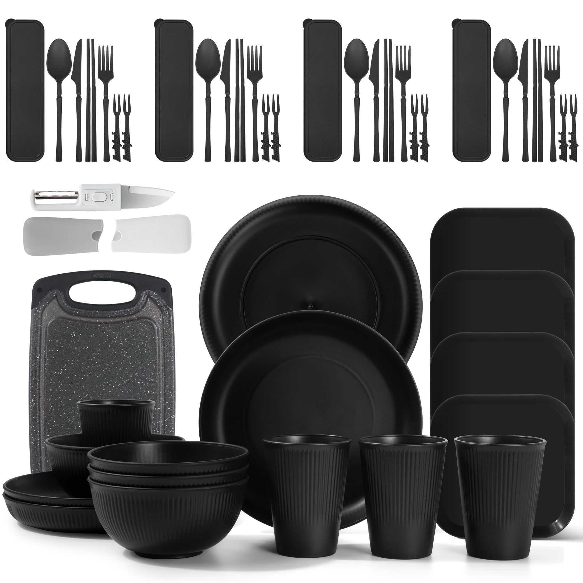 GPED 46 Pieces Wheat Straw Dinnerware Sets for 4, Plates and Bowls Sets With Cutting Board and Fruit Knife, Outdoor Camping Dishes Sets, Microwave & Dishwasher Safe, Lightweight & Unbreakable, Black