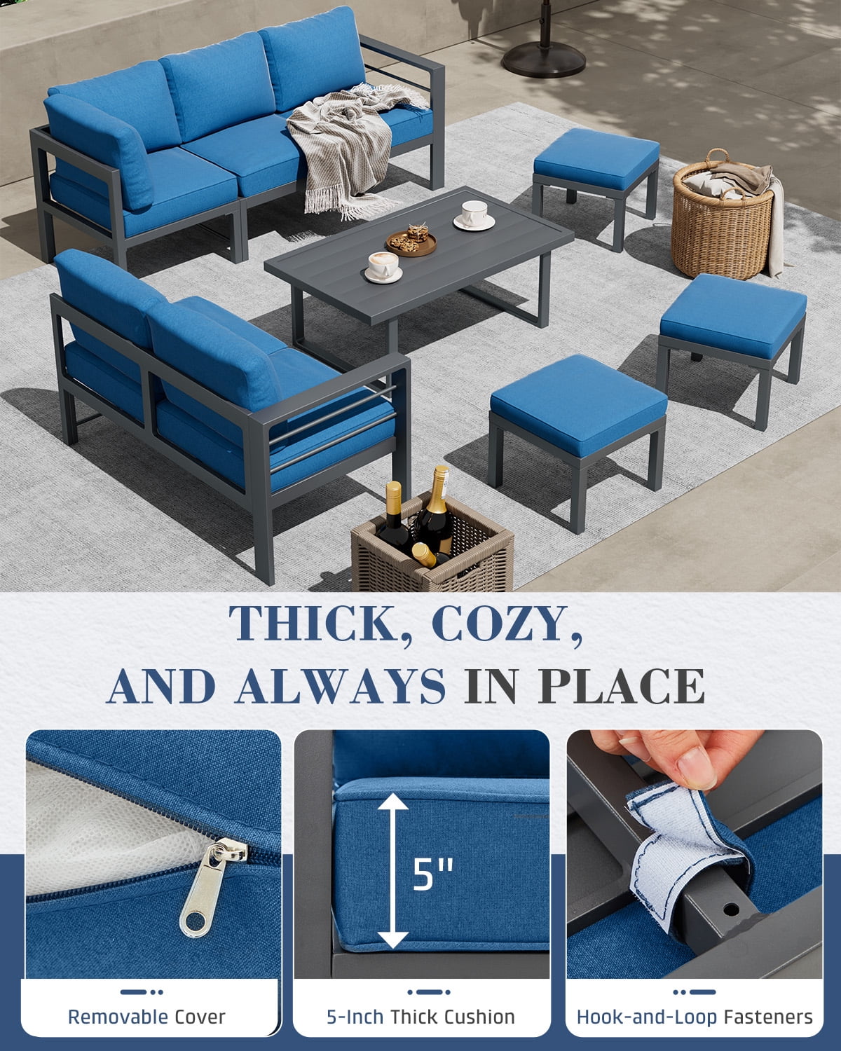 AECOJOY Outdoor Furniture Sets Clearance, Aluminum Patio Furniture Sets on sale, Metal Patio Sets, Outdoor Conversation Sets, Outdoor Sectional Sofa for Lawn, Navy