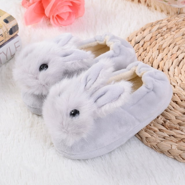 Children Cotton Slippers Home Slippers Plush Slippers Cute Rabbit Slippers, 15/16 (Inner Length 15.5cm), Grey